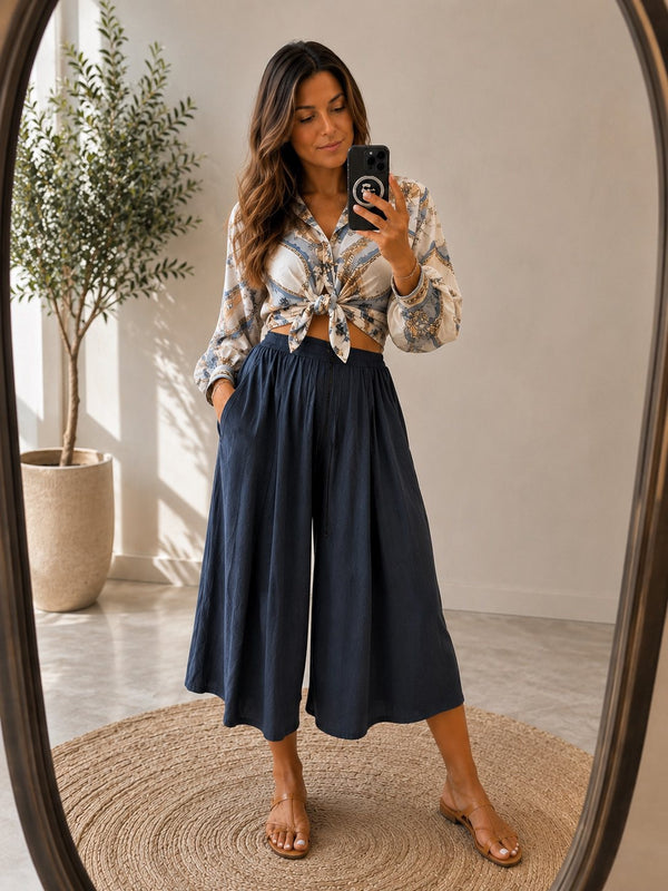Wide-Leg Linen-Cotton Παντελόνι