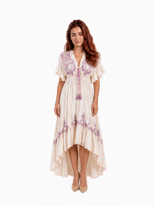 Boho Φόρεμα με Λιλά Κεντήματα