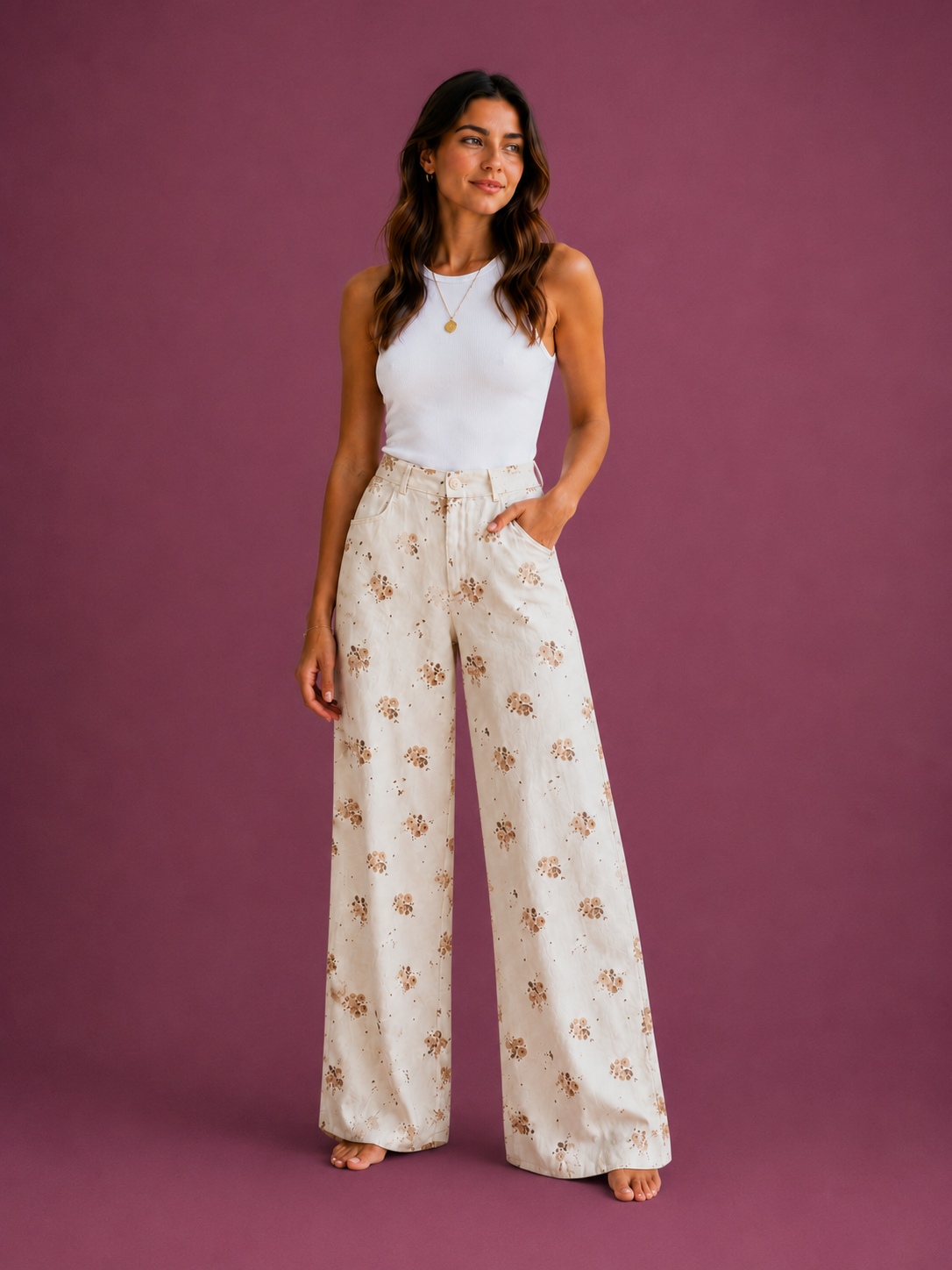 Floral Wide-Leg Denim Παντελόνι