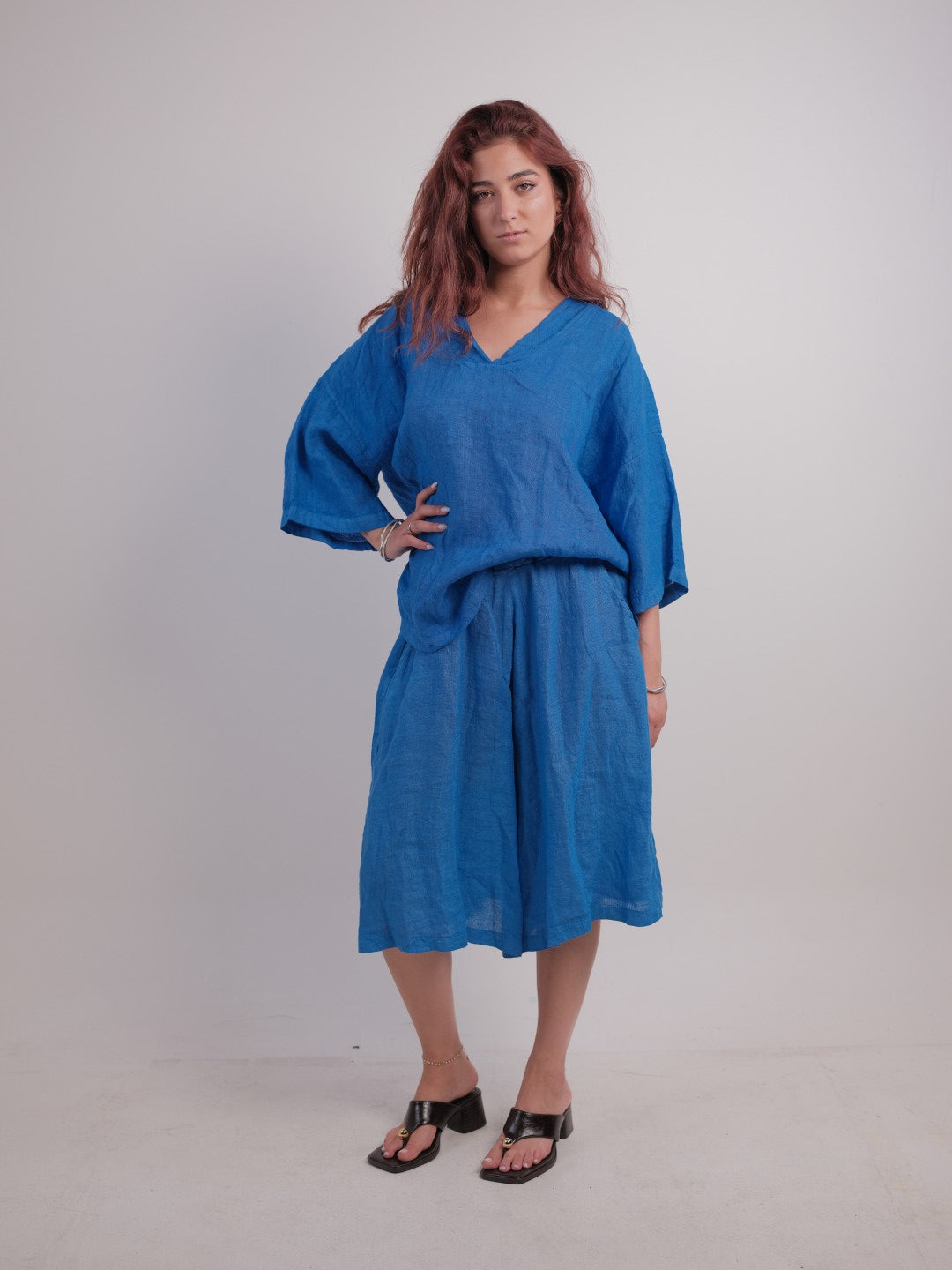 Λινό σετ zip culotte και μπλουζα
